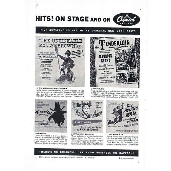 Broadway Cast Vinyl Record PRINT ADVERT Unsinkable Molly Brown Tenderloin AD 196 - Picture 1 of 2